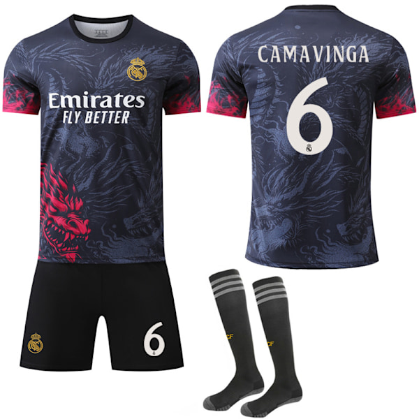24-25 Real Madrid Dragon Mønster Special Edition Sort Rød Trøje NR.6 CAMAVINGA Trøjer Børn Voksen Fodboldudstyr med Sokker NO.6 CAMAVINGA XS