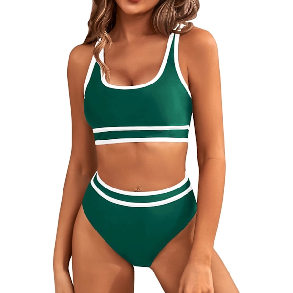 Dametøj Højtaljet Bikini Sæt Sporty Todelt Badetøj Farveblok Cheeky Høj Skåret Badetøj Deep Green XL