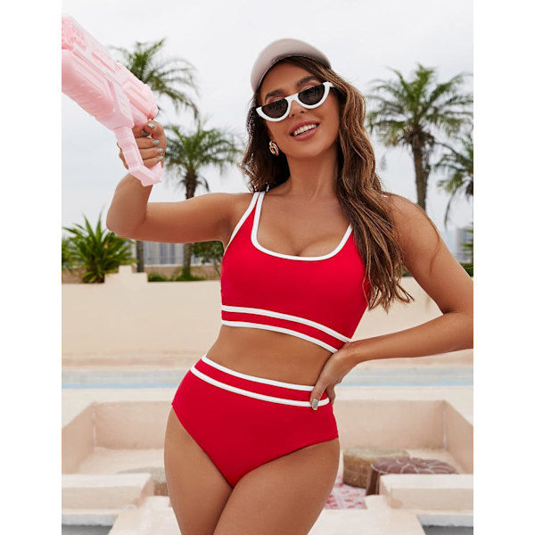 Dametøj Højtaljet Bikini Sæt Sporty Todelt Badetøj Farveblok Cheeky Høj Skåret Badetøj Red M