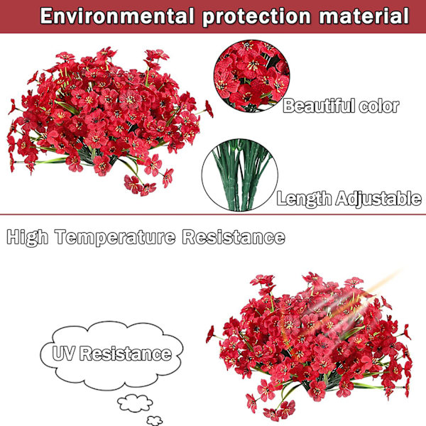 8 buntar konstgjorda blommor utomhus, UV-beständiga växter, konstgjord plastgrönska Red 8PCS