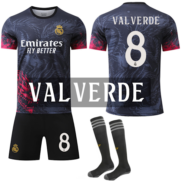 24-25 Real Madrid Dragon Mønster Special Edition Sort Rød Trøje NR. 8 VALVERDE Trøjer Børn Voksen Fodboldudstyr med Sokker NO.8 VALVERDE L
