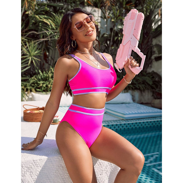 Bikinisett for kvinner med høy midje, sporty todelt badedrakt, fargeblokk, frekk høy utskjæring Rose S