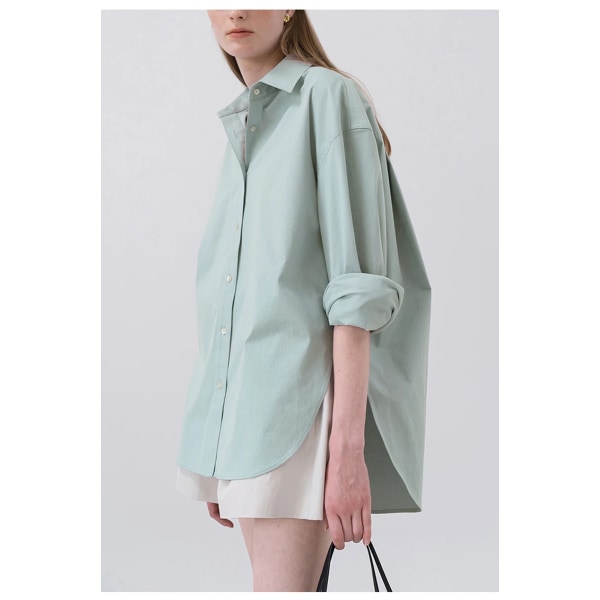 Bomuldsskjorte til kvinder ensfarvet knap nedslået krave Langærmede afslappede løse dameskjorter Light Green M