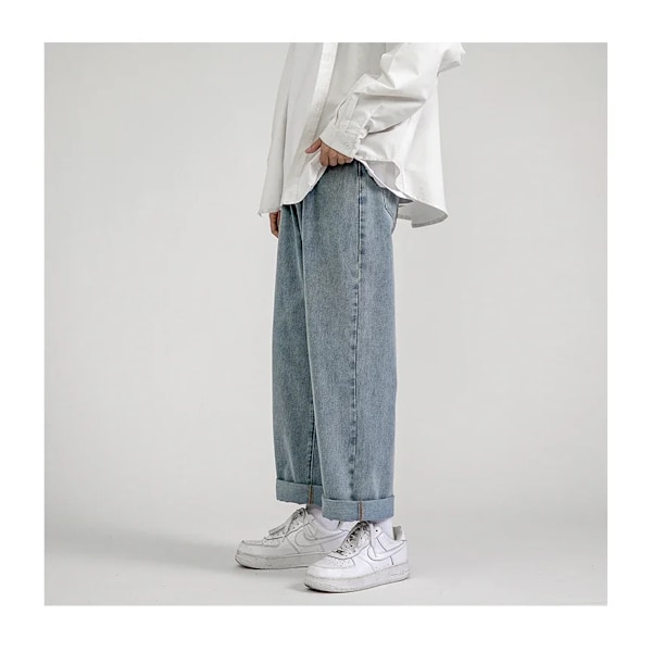 Koreansk mote baggy jeans for menn, klassisk all-match ensfarget rett-ben denim vidde-ben bukse mann lys blå grå svart E S