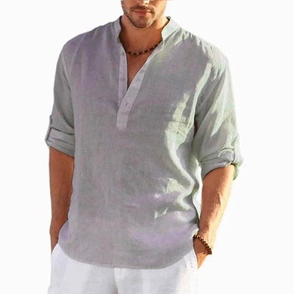 Ny Långärmad T-shirt i linne för män Enfärgad Lös vår-T-shirt Långärmad bomullslinneskjorta Plus Size-skjortor Herr Gray L