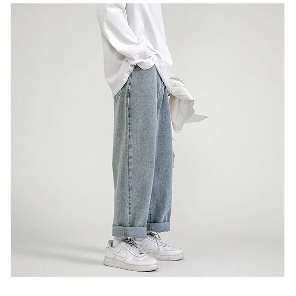 Koreansk mote baggy jeans for menn, klassisk all-match ensfarget rett-ben denim vidde-ben bukse mann lys blå grå svart E XXL