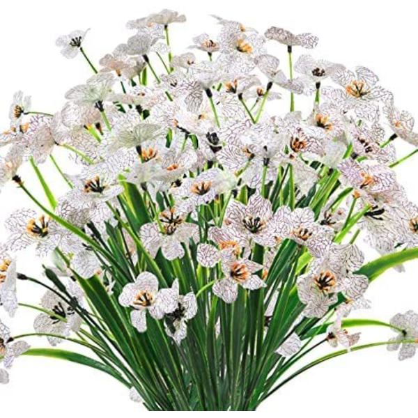 8 buntar konstgjorda blommor utomhus, UV-beständiga växter, konstgjord plastgrönska White 8PCS