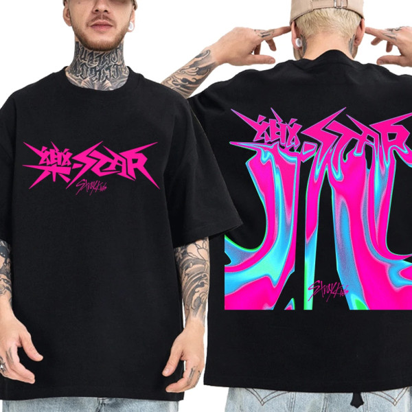 Kpop Stray Kids Rock Star Album Skjorter Kvinder Mænd Streetwear Kortærmede toppe Fans T-shirt gave black S
