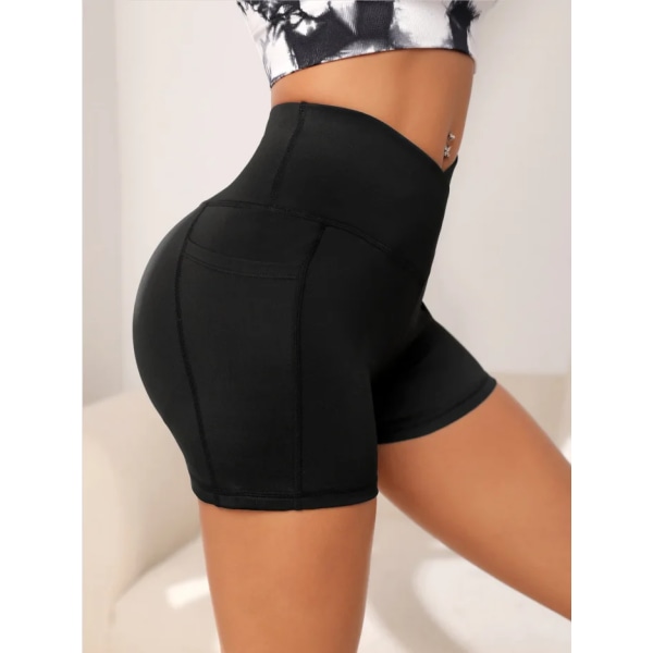 Kvinder High Waist Yoga Sport Biker Shorts til Fitness Cross Waist Pocket Yoga Pant black M