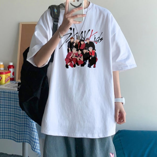 K-POP Stray Kids printed bomull lös T-shirt för män kvinnor white 4 M