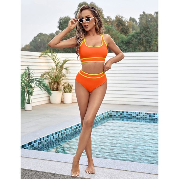 Bikinisett for kvinner med høy midje, sporty todelt badedrakt, fargeblokk, frekk høy utskjæring Orange S