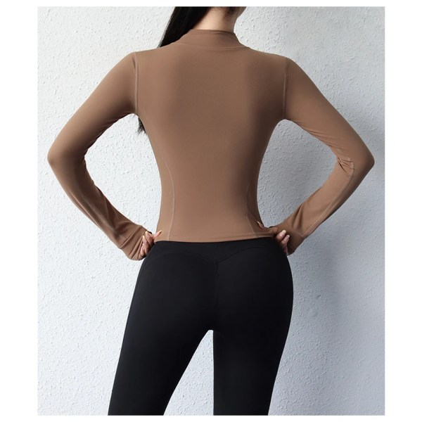 Yogafrakke kort sportsjakke fitnesstøj til kvinder slankende kropsskulptur yogajakke med lynlås Brown S