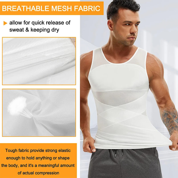 Kompressionsskjorte til mænd, slankende undertrøje, body shaper tanktop, gynækomasti, ærmeløs shapewear vest, mesh cross suit WHITE XL