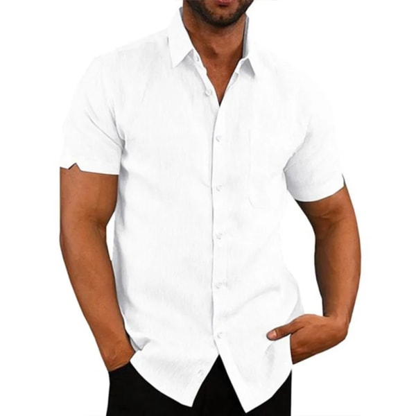 Bomullslinne Hot Sale Kortärmade skjortor för män Sommar Enfärgad Nedfällbar krage Casual Beach Style Plus Size WHITE 3XL:100-110KG