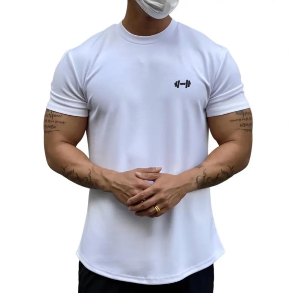 Herr T-shirt Man Sport Gym Muskel Fitness T-shirt Blusar Lös Halv Ärm Sommar Bodybuilding Tee Toppar Herrkläder White L