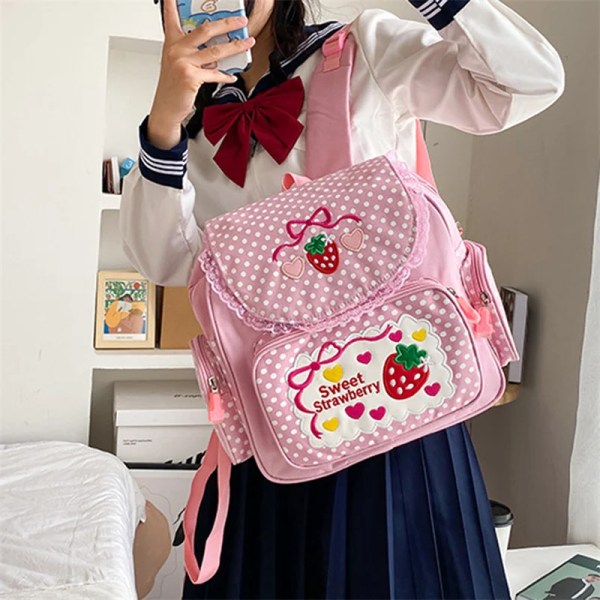 Kawaii Kids School Bag Cute Strawberry Embroidery Student Mochila Dots Multi-pocket Nylon Fashion College for tenåringsjente Pink