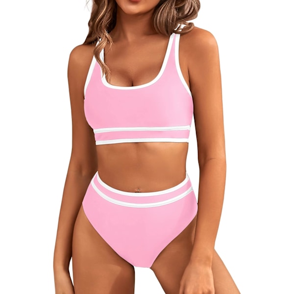Dametøj Højtaljet Bikini Sæt Sporty Todelt Badetøj Farveblok Cheeky Høj Skåret Badetøj Pink XL