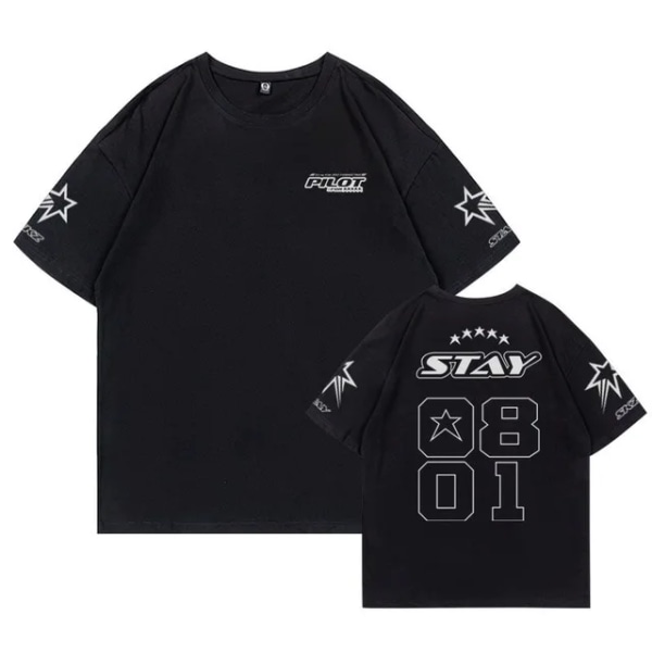 Stray Kids Same T Shirt Damer Herr SKZ 3RD FM Pilot For 5 Star Concert Bomulls T-shirt Kpop Summer Short Sleeve Boy Girls Tee black L