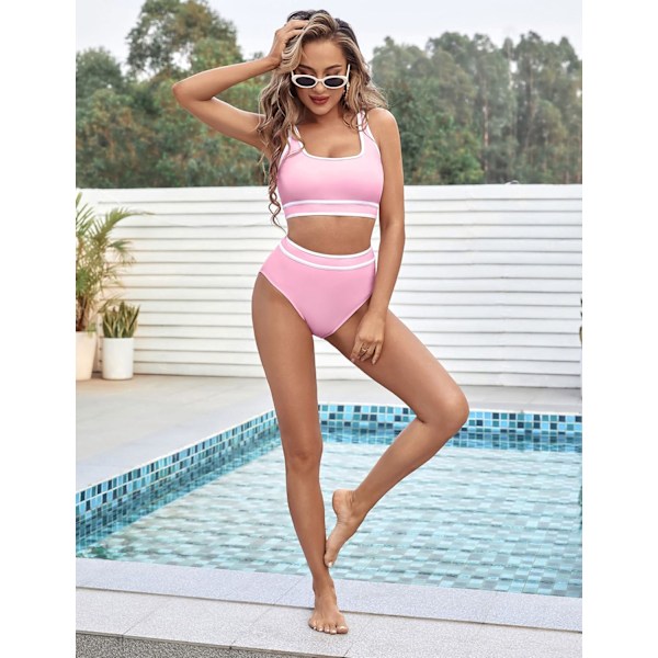 Bikinisett for kvinner med høy midje, sporty todelt badedrakt, fargeblokk, frekk høy utskjæring Pink S