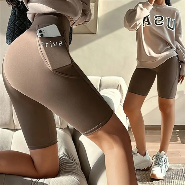 Kvinnors Yoga Sports Shorts Hög Midja Fitness Shorts Casual Streetwear Korta Byxor Kvinnors Tighta Shorts För Damer Träning Byxor Coffee L