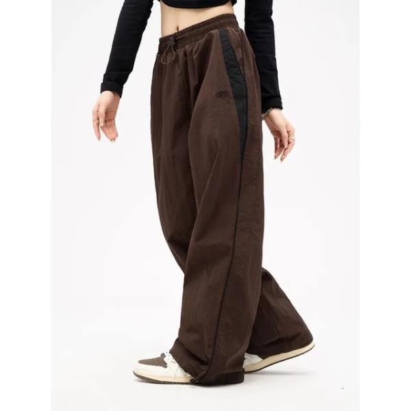 Dame Vår Retro Solid Løse snøring Bukser Uformelle joggebukser Baggy Joggebukser med brede ben Midt midje Sporty Y2k dameklær brown XL