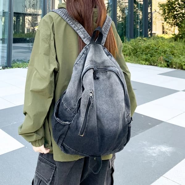 Ryggsekker for menn og kvinner, skolesekker for studenter, store vaskede denimvesker Black