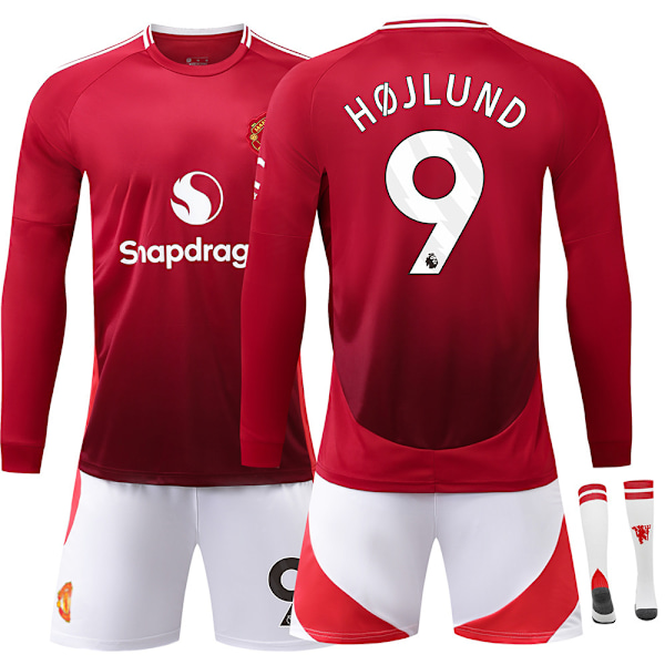 24-25 Manchester United F.C. Långärmad Hemmatröja NO.9 Højlund Tröjor Barn Vuxen Fotbollsutrustning med Strumpor NO.9 3XL