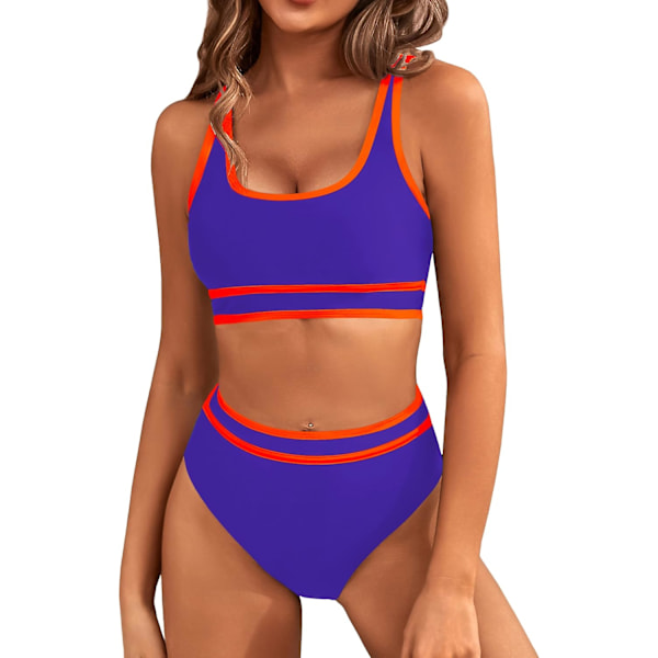 Dametøj Højtaljet Bikini Sæt Sporty Todelt Badetøj Farveblok Cheeky Høj Skåret Badetøj Deep Purple XL