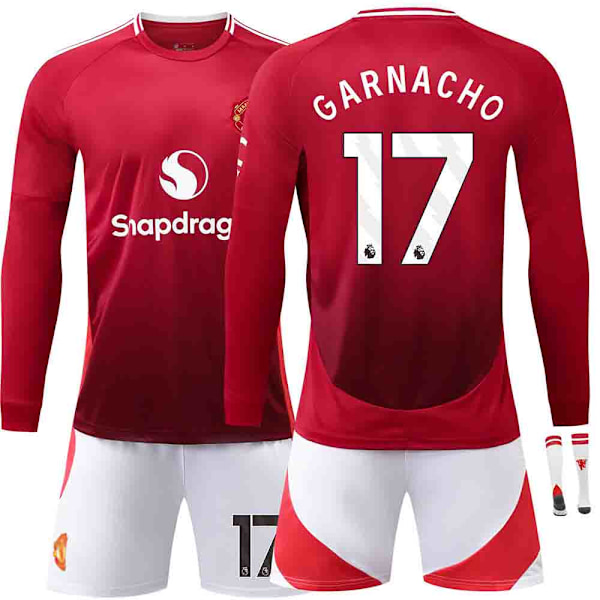 24-25 Manchester United F.C. Langærmet Hjemmebanetrøje NO.17 Garnacho Trøjer Børn Voksen Fodboldudstyr med Strømper NO.17 26
