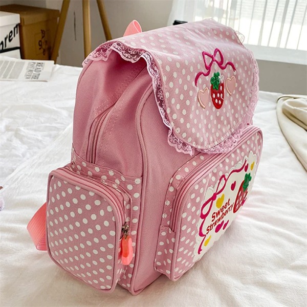 Kawaii-lasten koululaukku söpö mansikkakirjontaopiskelija Mochila Dots monitaskuinen nylon teini-ikäiselle tytölle Pink