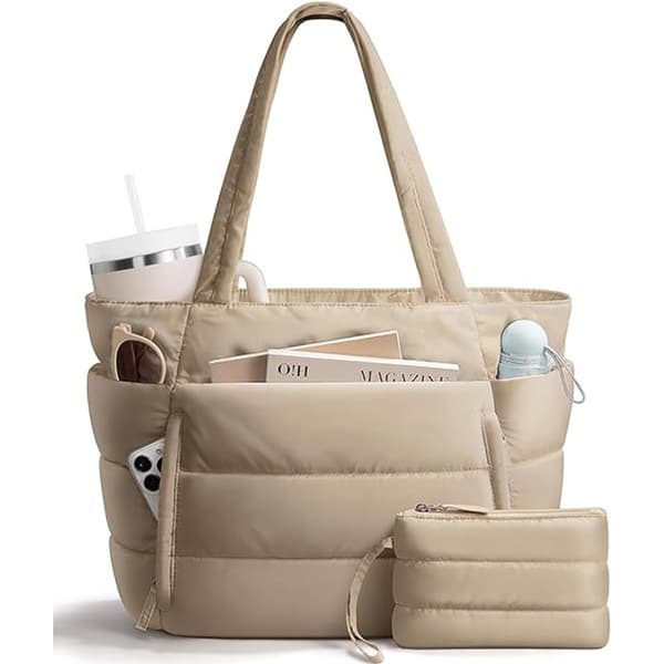 Stor Puffer Tote Bag för kvinnor 15.6\" Laptopfodral, 20L camel