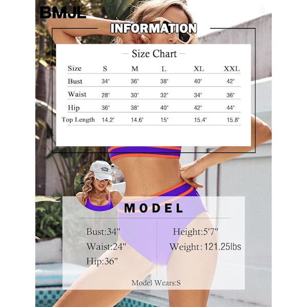 Dametøj Højtaljet Bikini Sæt Sporty Todelt Badetøj Farveblok Cheeky Høj Skåret Badetøj Deep Purple XL