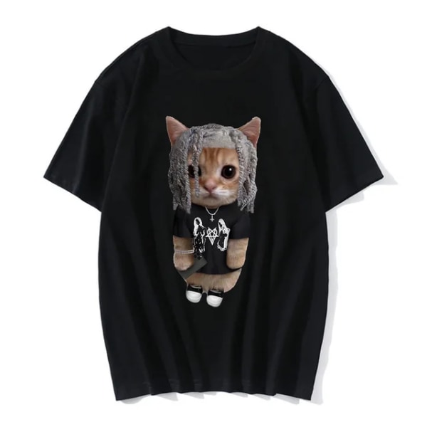 Morsom El Gato Meme Trist Gråtende Katt Munchkin Kitty Print Kvinner Uformell T-skjorte Sommer Harajuku T-skjorter Uformell mote T-skjorter 20004 S