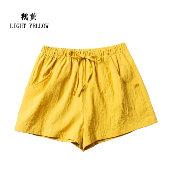 Avslappnade linneshorts för kvinnor, träningsshorts i bomull, korta byxor med hög midja Yellow XL 70-80kg
