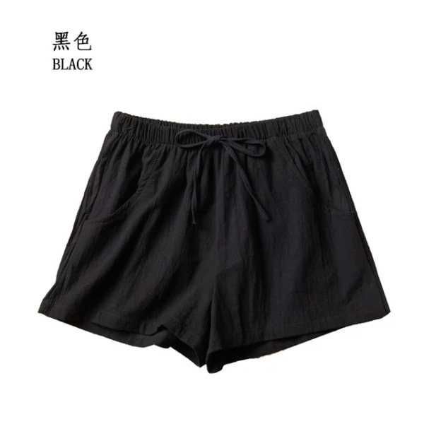 Avslappede linshorts for kvinner, treningsshorts i bomull, korte bukser med høy midje Black M 50-60kg