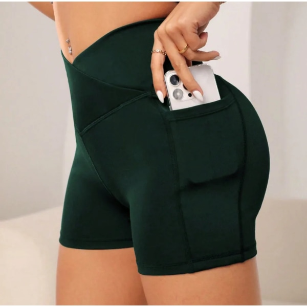 Kvinner Høy midje Yoga Sport Biker Shorts for Fitness Cross Waist Pocket Yoga Pant Grass green L