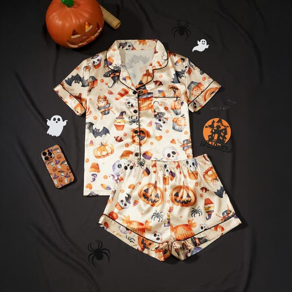 Pyjamas i satin för kvinnor, pyjamas i siden, korta set, 2 delar, myskläder S-XL white ghost S