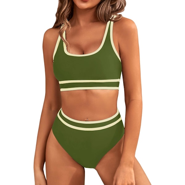 Dametøj Højtaljet Bikini Sæt Sporty Todelt Badetøj Farveblok Cheeky Høj Skåret Badetøj Green XL