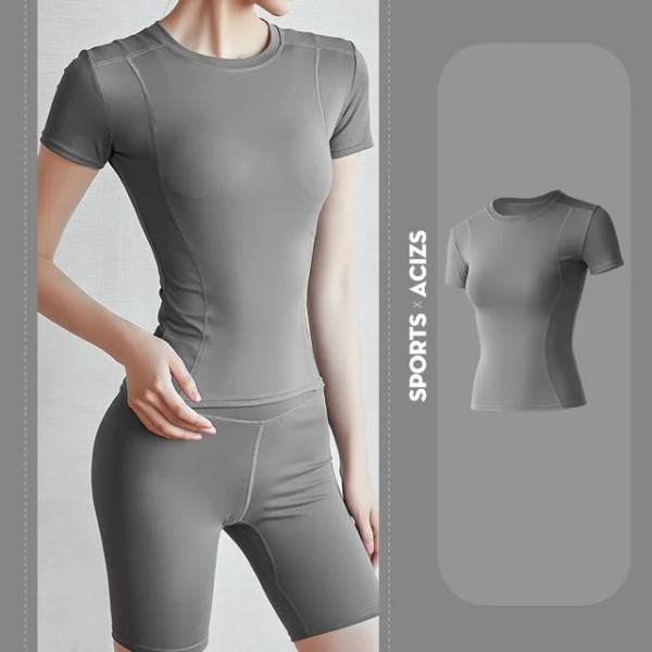 Naisten Urheilu Fitness Vaatteet Ohut juoksuhikeä imevät laiha joogavaatteet Nopeasti kuivuvat vaatteet Lyhythihainen T-paita grey XL
