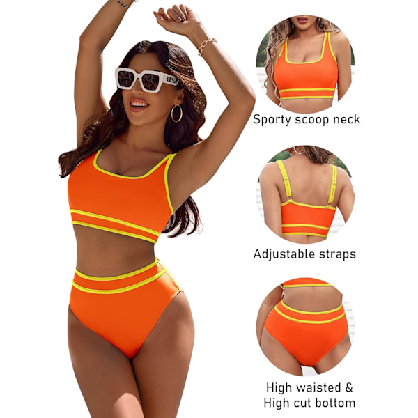 Dametøj Højtaljet Bikini Sæt Sporty Todelt Badetøj Farveblok Cheeky Høj Skåret Badetøj Orange XL