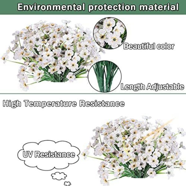 8 buntar konstgjorda blommor utomhus, UV-beständiga växter, konstgjord plastgrönska White 8PCS