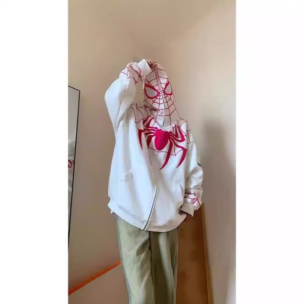 Spiderman Hettegenser Full Glidelås Hettegenser Streetwear Oversized Gensere WHITE M