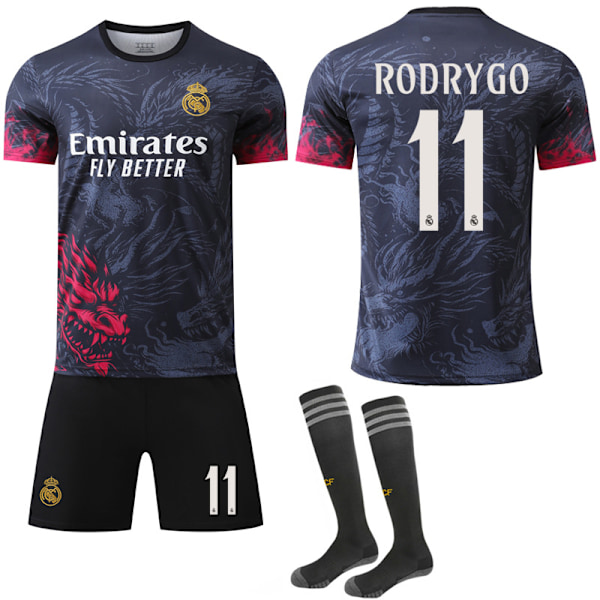 24-25 Real Madrid Dragon Mønster Special Edition Sort Rød Trøje NR. 11 RODRYGO Trøjer Børn Voksen Fodboldudstyr med Sokker NO.11 RODRYGO 18