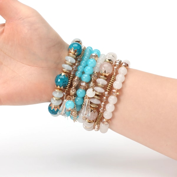 Bohemian stabelbare perlearmbånd til kvinder flerlags armbånd vedhæng charme stretch armbånd light blue