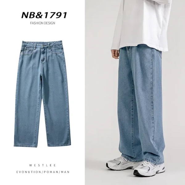 Koreansk mode herr baggy jeans klassisk all-match enfärgad rak ben denim vida ben byxor man ljusblå grå svart C XXXL