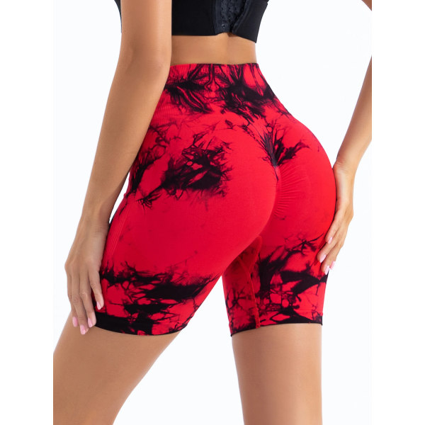 Tie Dye Seamless Workout Shorts til kvinder med bred elastik i taljen og høj talje Red L