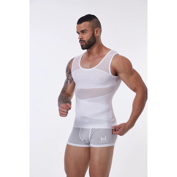 Kompressionsskjorte til mænd, slankende undertrøje, body shaper tanktop, gynækomasti, ærmeløs shapewear vest, mesh cross suit WHITE 2XL