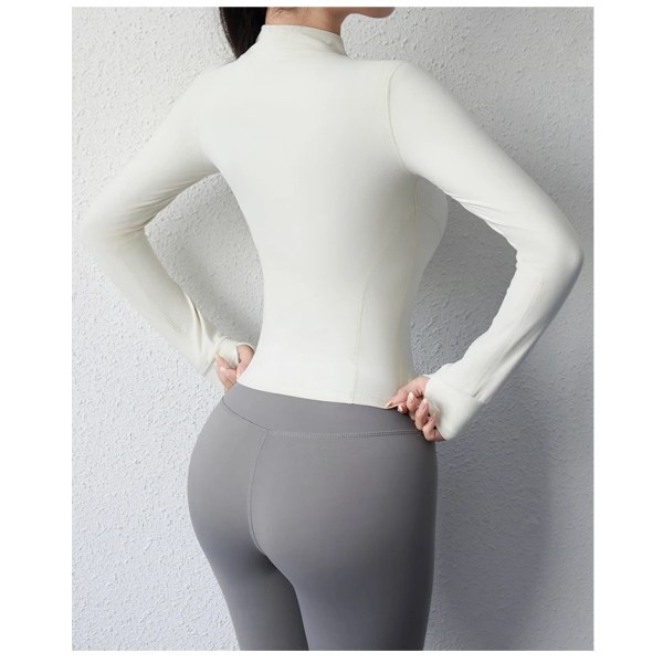 Yogafrakke kort sportsjakke fitnesstøj til kvinder slankende kropsskulptur yogajakke med lynlås WHITE L