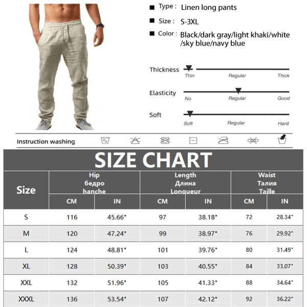 Långa byxor i bomull, linne för män, sommar enfärgade byxor i linne som andas herr Casual Elastisk midja Casual Harajuku byxor Khaki XL