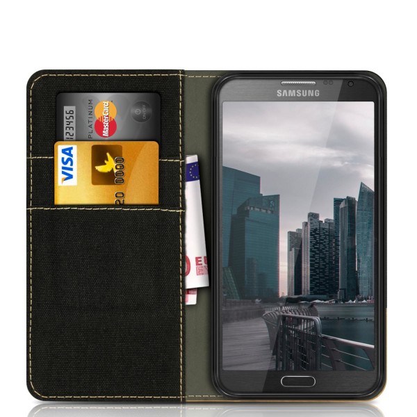 Denim Mobil-Skal för Samsung Galaxy Note 3 Konstläder Full Cover Svart